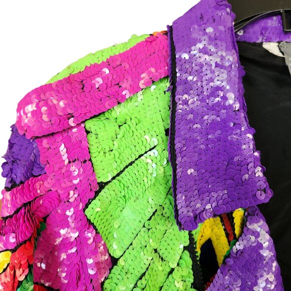 Sequin Moto Jacket Women's Neon Multicolor OOAK Zipper Front100% Silk Sz Medium - Picture 4 of 17